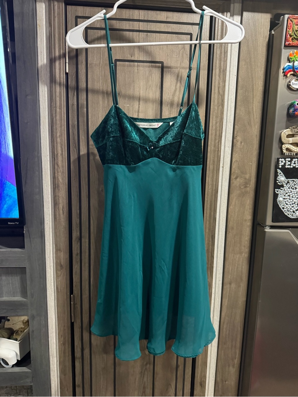 Vintage EUC! Victoria's Secret Emerald/ Teal Velvet-Trim Slip Dress